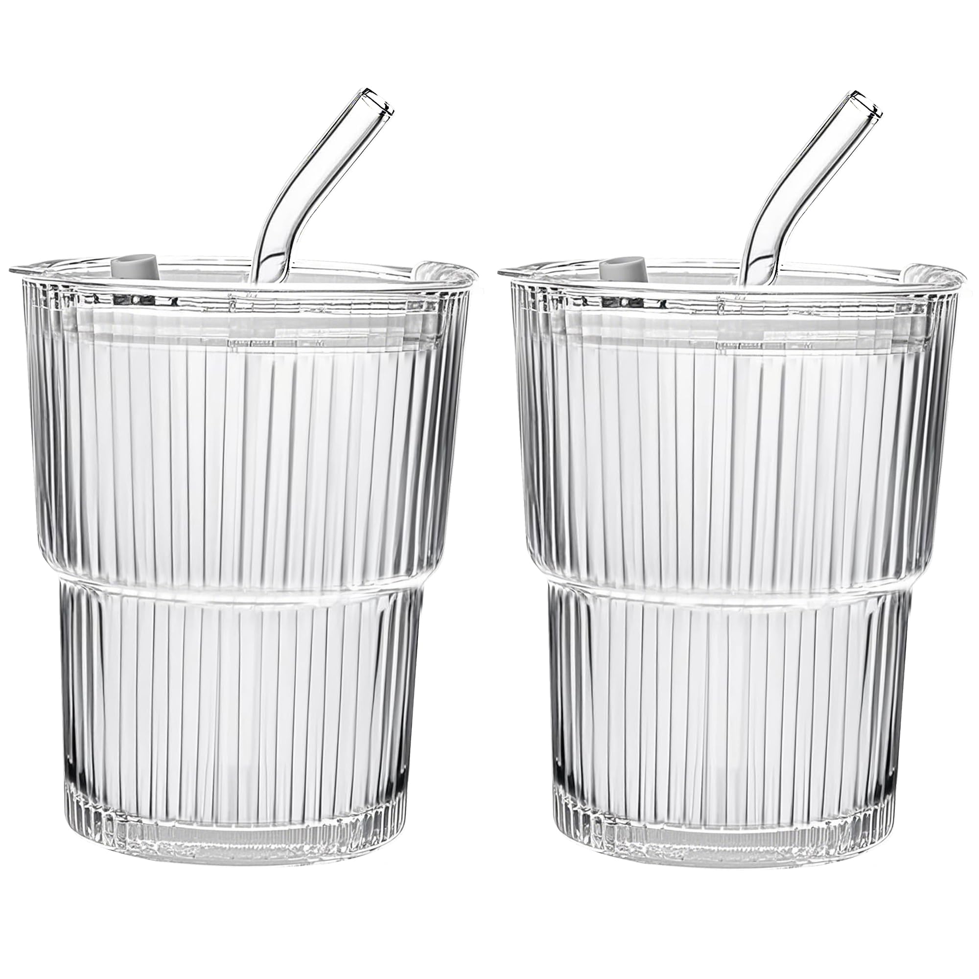 Photo 1 of 13oz/400ML Glass Tumbler with Straw and Lid Ribbed Vertical Ice Coffee Cups Sealed Carry on for Coffee Iced Tea, Thick Wall Glassware Tumbler Water Glass (2pcs)