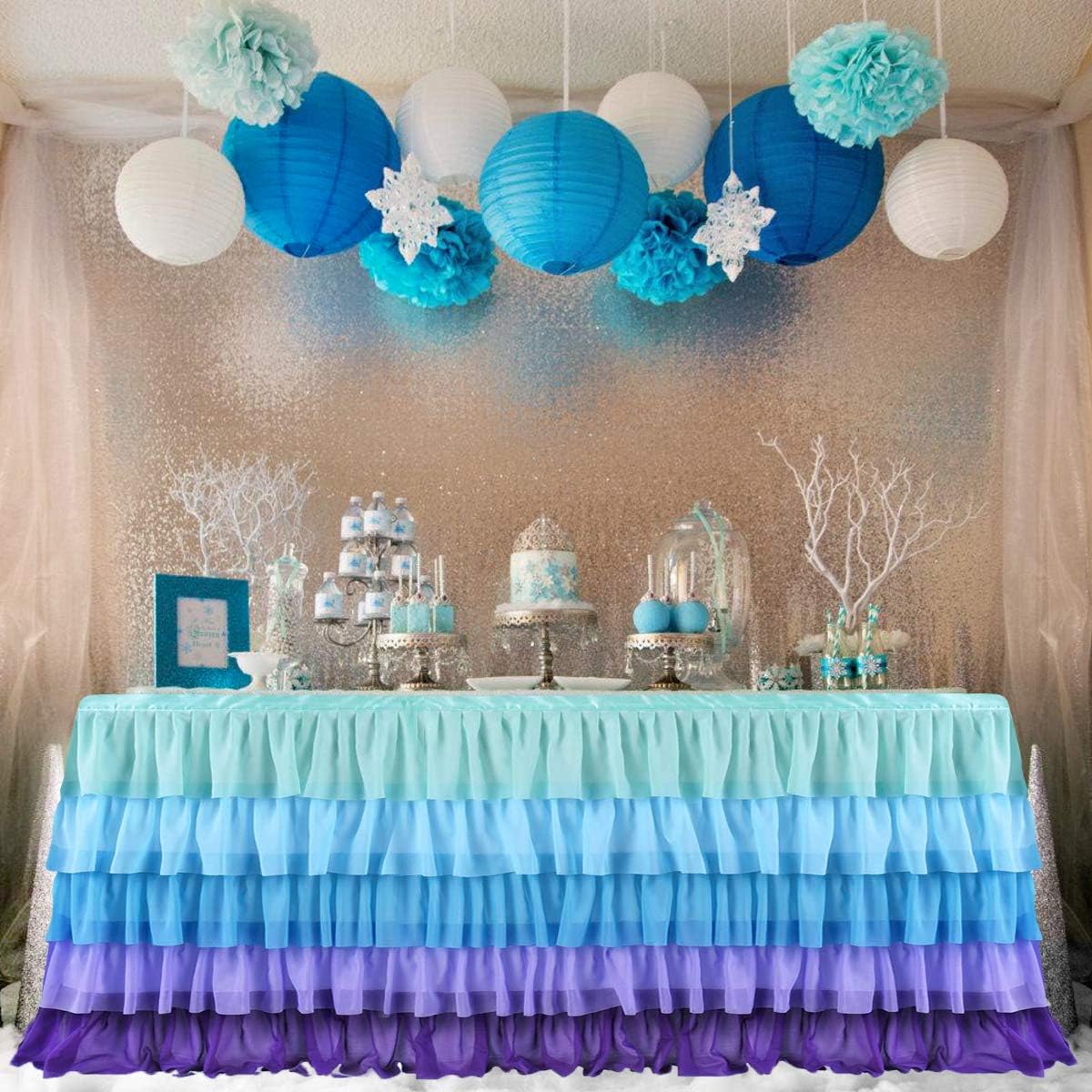 SHU UFANRO 6ft Mermaid Blue-Purple Tulle Table Skirt for Rectangle or Round Table, 5 Tier Ruffle Mermaid Tablecloth, for Party&Home Decoration (L 6ft, H 30in)