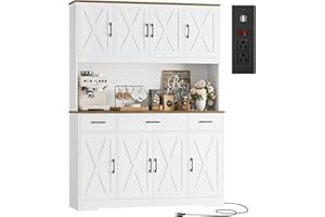 HOSTACK 71" Tall Kitchen Pantry Storage Cabinet with Charging Station, 55" Wide Kitchen Hutch Cabinet with Large Countertop, Farmhouse Food Pantry with Drawers for Living Room, White