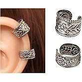 Handmade Silver 2Pcs Ear Cuffs Non-Piercing Earrings, 925 Sterling Silver, Fake Cartilage Helix Non-Pierced Ear Clip on for Women, Tiny 2 x Wide Band Floral Design Ear Wrap, By Miya Jewelry