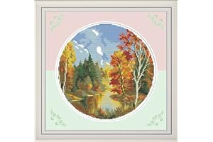 Amiiba Stamped Cross Stitch Kits, Maple Forest Lake District Autumn Season DIY 11CT 14.1x14.1 inch (Autumn)