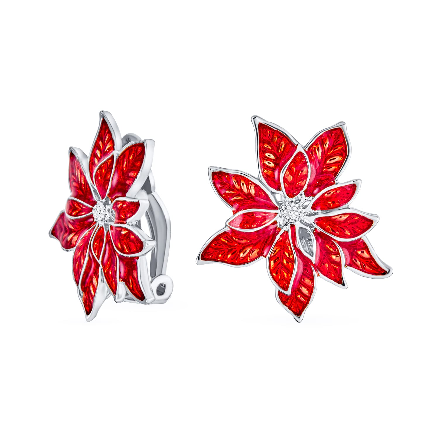 Christmas Party Red Enamel Statement Flower Shape Poinsettia Clip On Earrings for Women with Non-Pierced Ears - Silver Plated Edge
