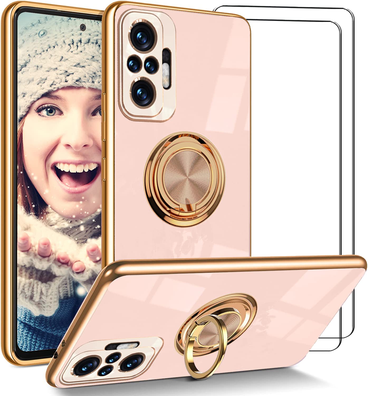 ATISIJIE Woman's Case for Xiaomi Redmi Note 10 Pro/Note 10 Pro Max with 2 Screen Protector, Ring Holder Plating Edge 360° Kickstand Cover Slim TPU Silicone Shockproof Protective Phone Case Light Pink