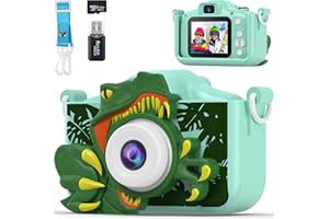 QEMIXLY Dinosaur Camera for Kids with Cartoon Silicone Cover, Digital Mini Camera Toys for 3 4 5 6 7 8 9 10 11 12 Year Old Boys Girls Birthday Chirstmas Gifts Ideas - Personal Video Players (T-REX Green)