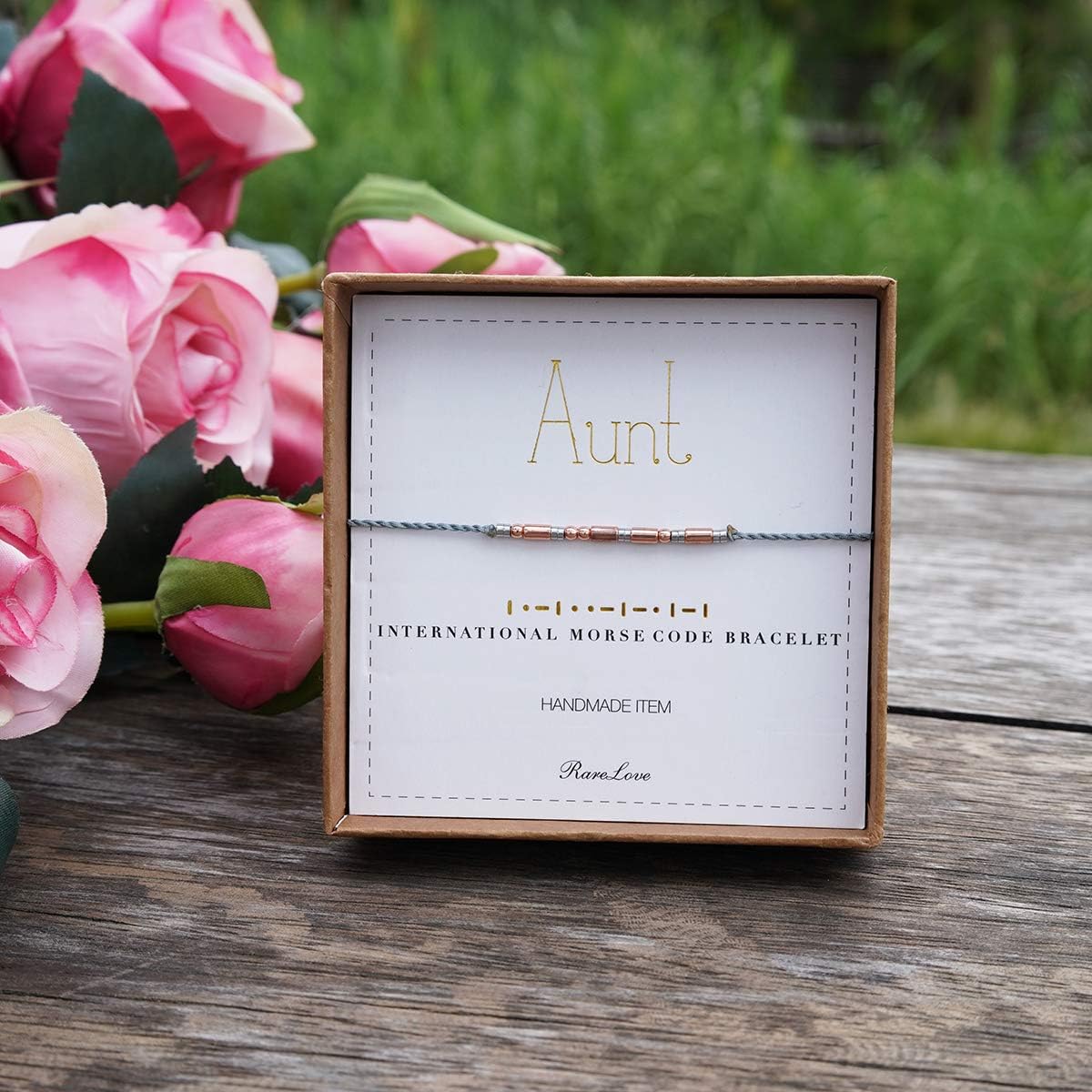 RareLove Aunt Morse Code Bracelets Best Aunt Christmas Gift Women Girls Rose Golden Beads Grey String Bracelet: Clothing