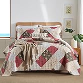 Autumn Dream Cotton Bedspread Quilt Sets Reversible Coverlet Sets Comforters White Red Floral Patchwork Pattern Bedding Sets,Queen Size | Breathable material, Reversible, Patchwork pattern, soft durable, Machine waschable