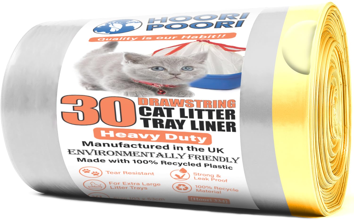 HooriPoori 30 Pack Drawstring XL Cat Litter Tray Liners Extra Large Heavy Duty Cat Litter Tray Bags for Cat Litter Box, Thick Strong Scratch Resistant Leak Proof Bags Made from Recycled Material