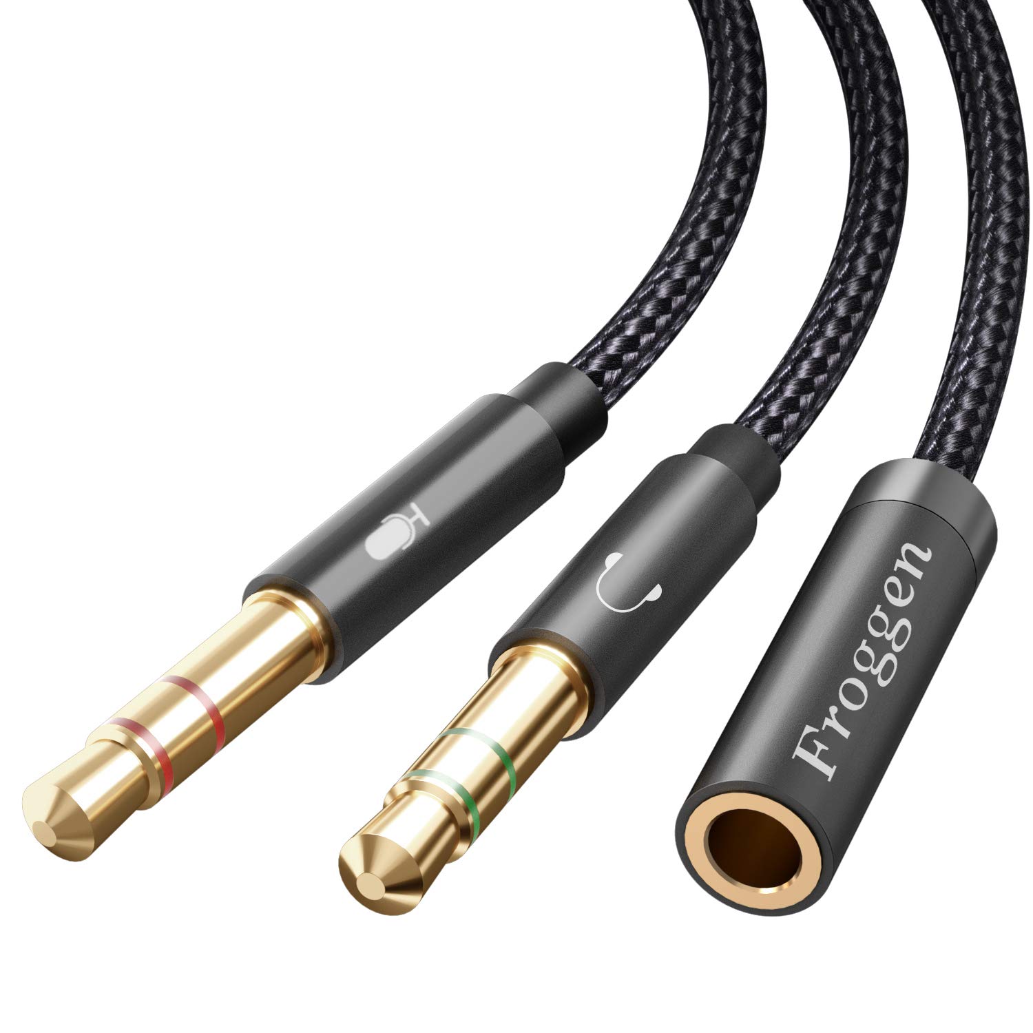 Froggen Mic Headphone Splitter - 3.5mm Female to Dual 3.5mm Male Cable - Compatible with Desktop, Xbox, PC, Laptop, PS4 - Gaming Headset Speaker Adapter - 35cm (Black)