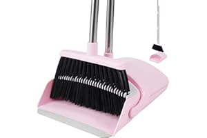 BSKLIN Pink Broom and Dustpan Set, 52” Long Adjustable Handle Broom with Dustpan Combo Set with Dust Pan Teeth to Clean Hair for Home Lobby Office