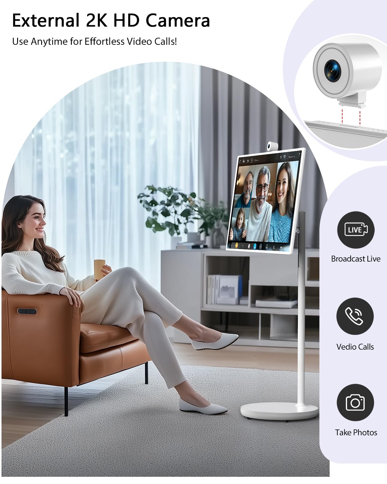 GFF 32-Inch Portable Smart TV on Wheels, Rolling TV with Touch Screen Monitor, 8G RAM +128G Storage, Android 13 OS, Built in Google Assistant, 2K Webcam, Full Swivel Rotation, Remote Control