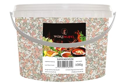 Suppengemüse Gemüse getrocknet, geschnitten 6x6mm Hergestellt in Deutschland. PE-Eimer 1300g. (1,3 KG)