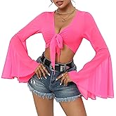 Mesh Tops for Women Bell Sleeve Rave Outfits Tie Front Crop Top Long Sleeve Shirt Sheer Blouse Festival