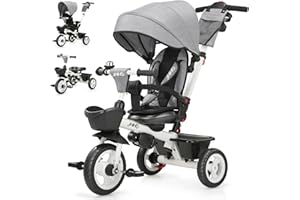 JMMD 7 in 1 Tricycle Stroller with Push Handle, Baby Trike with 360° Swivel Seat, Reclining Backrest, All-Terrain Wheels, Dual Brakes, Canopy & Storage, Gift for Kids 18 Months to 5 Years, Gray