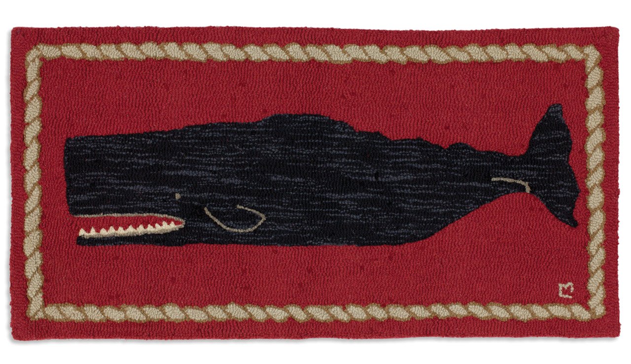 Artist-Designed Black Whale Hand-Hooked Wool Accent Rug (24 in x 48 in) Marine Life-Themed Rug for Entryways, Hallways, Living Rooms, Low Maintenance Nautical & Ocean Home Décor