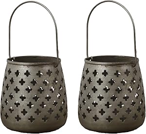 4-Inch Iron Lantern Set of 2 with Moroccan Clover Cutouts - Hanging or Tabletop LED Tealight or Votive Candle Holder – Elegant Home and Garden Decor