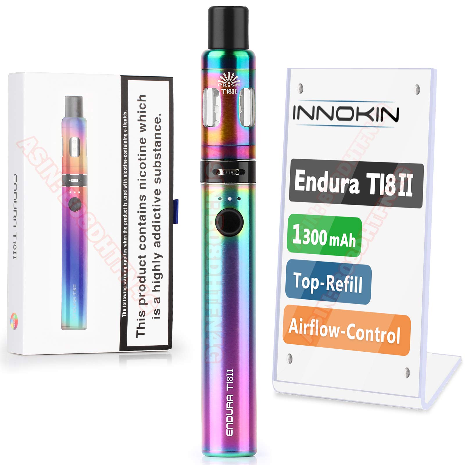 Innokin Endura T18II, E Cigarette Vape Pen Starter Kit 1300mAh, Variable Wattage, E-Cig Top-Refill 2ml tank with Airflow Control Vaping, Uses Prism Coil, Magnetic Dust-Proof-Cap, No Nicotine - Rainbow