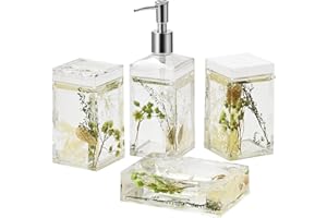 Locco Decor 4 Piece Acrylic Liquid 4D Floating Motion Bathroom Vanity Accessory Set Garden Botanic Green Plants Toothbrush Holder, Tumbler, Soap Dispenser, Soap Dish