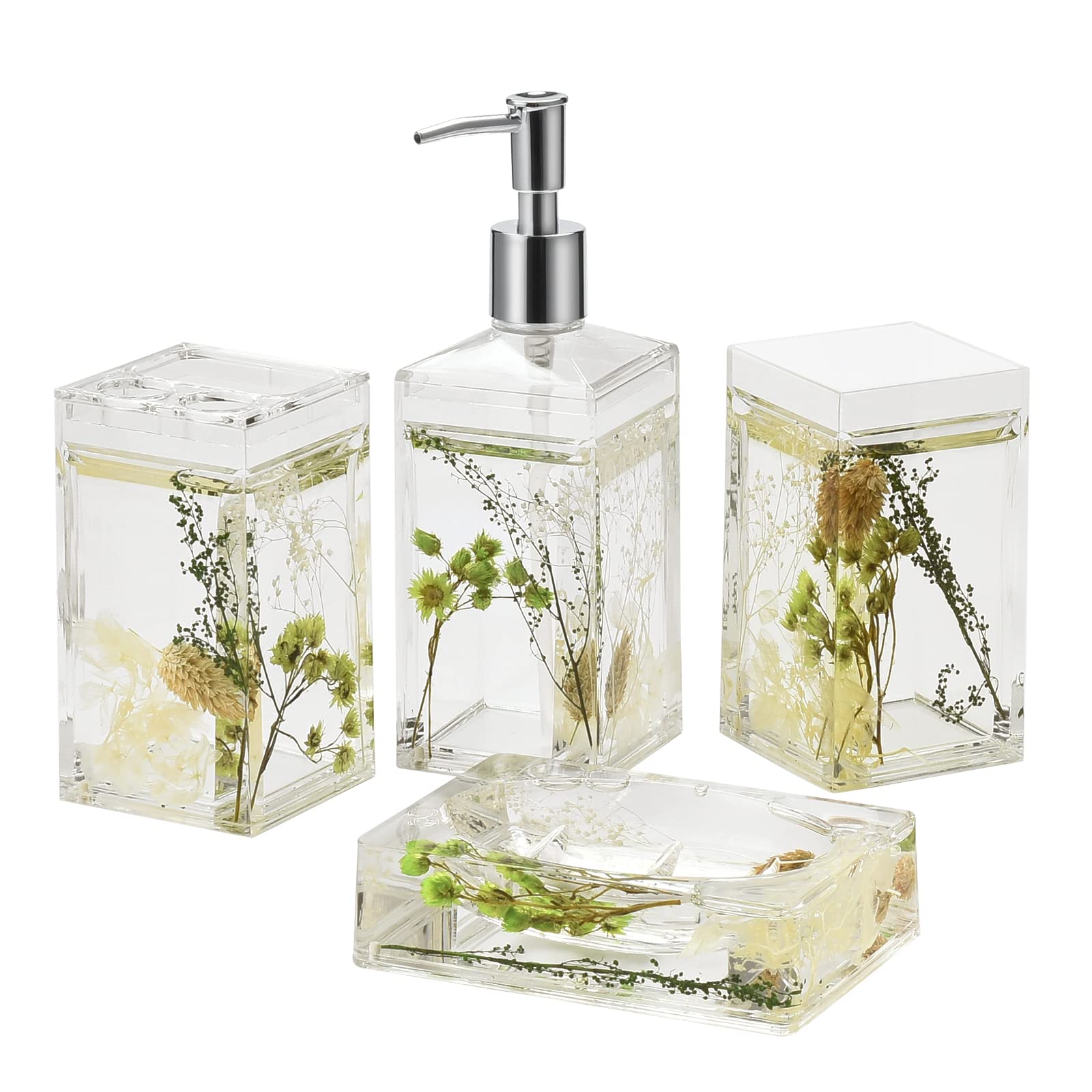 Photo 1 of Locco Decor 4 Piece Acrylic Liquid 3D Floating Motion Bathroom Vanity Accessory Set Green Plants