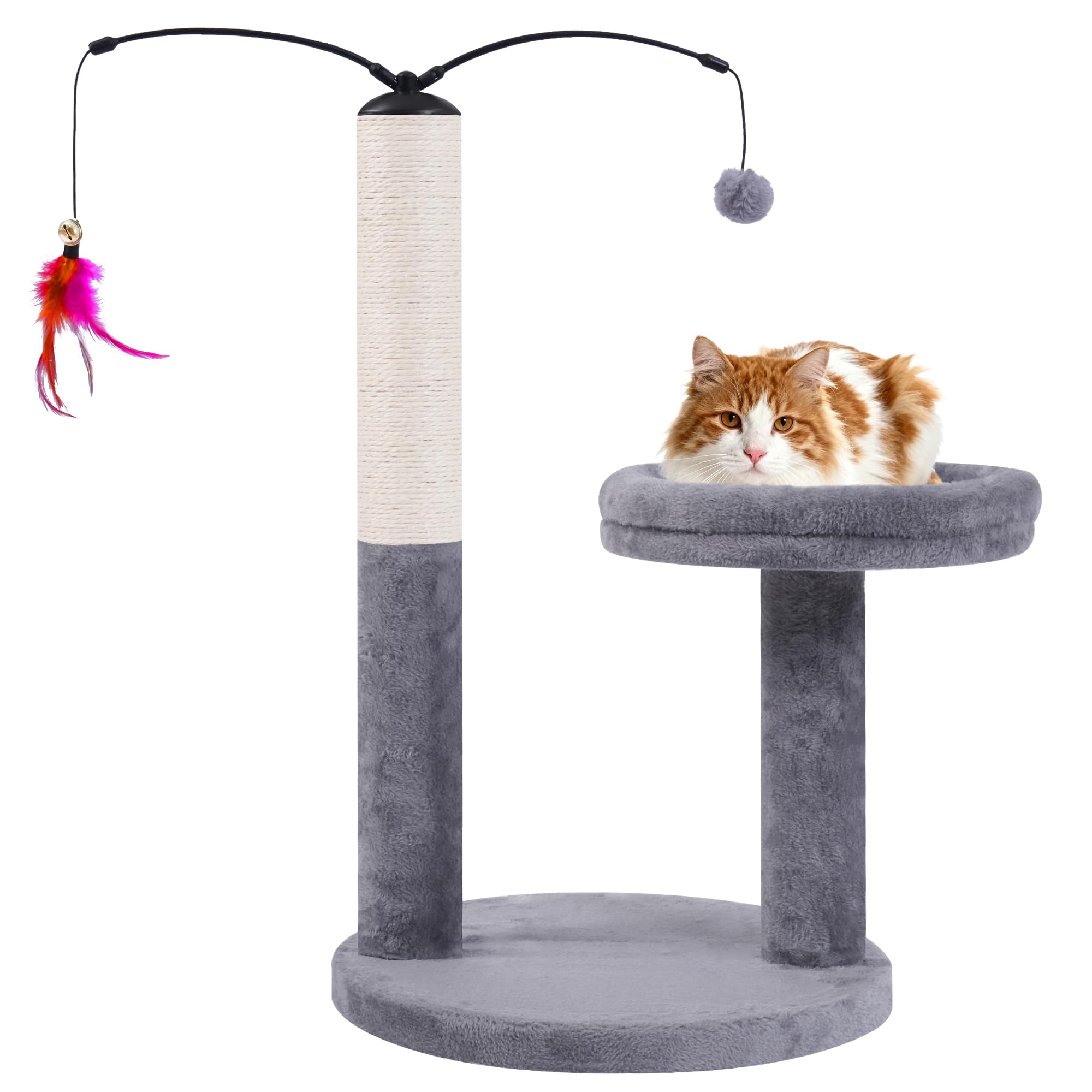 Photo 1 of AIWIKIDE 24" Scratching Post, Interactive Cat Scratcher, with Perch & Plush Toy, Sturdy Weighted Base, Grey