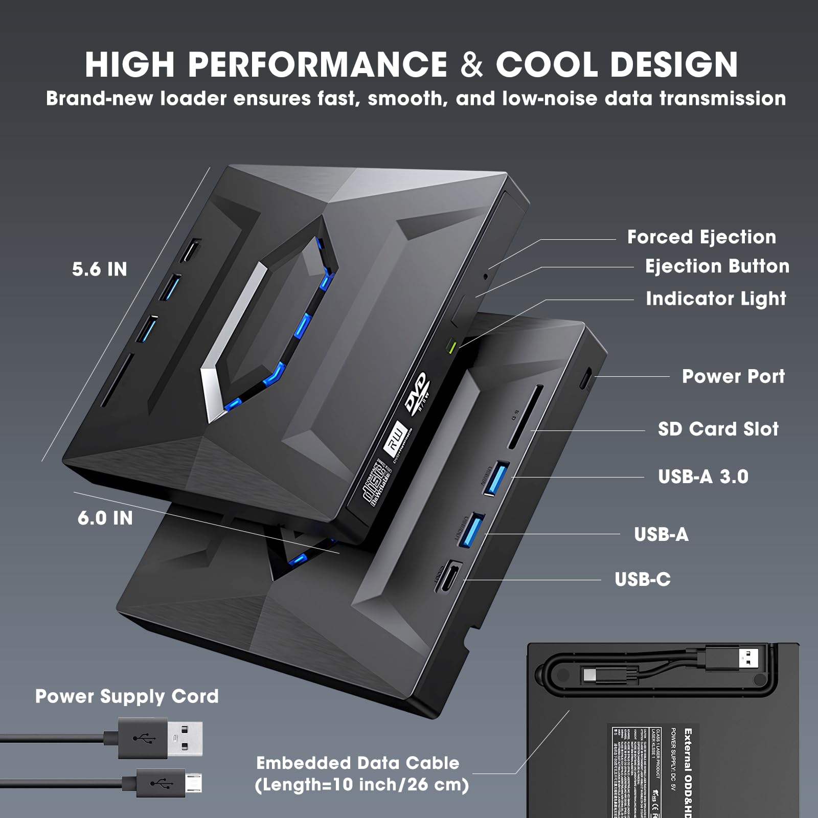 ROOFULL External CD DVD Drive with USB 3.0 Type-C Ports + SD Card Slot + Carrying Case for Laptop PC, CD DVD +/-RW Reader Writer Burner Player ROM Optical Disk Drive for Windows, Mac, Linux Computers