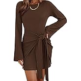 dowerme Women's Casual Mini Dress 2026 Bell Long Sleeve Boat Neck Tie Waist Bodycon Dresses Knitted Party Spring Outfits