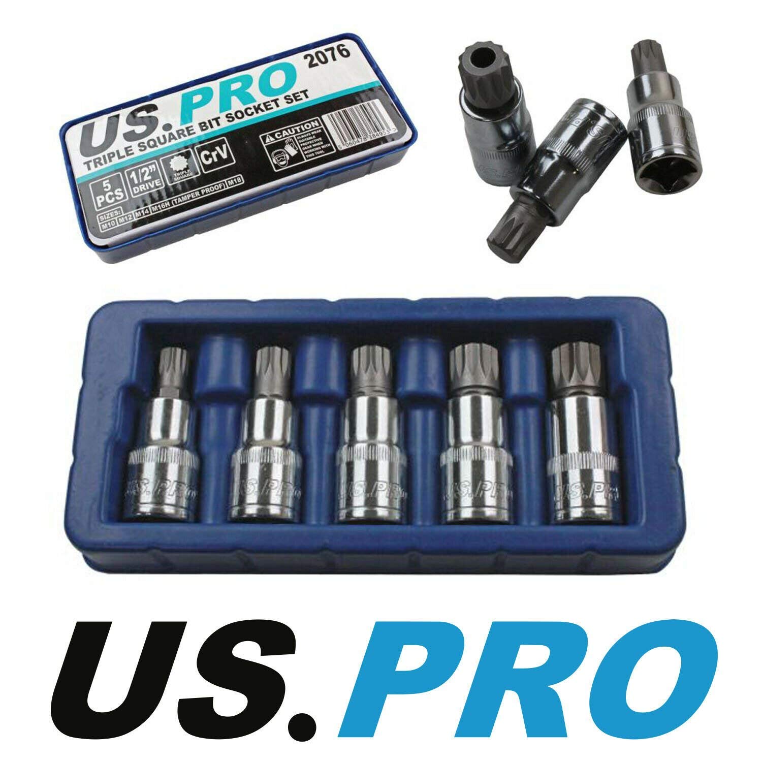 US PRO 5 Piece 1/2'' Drive Spline Triple Square Bit Sockets M10 - M18 2076