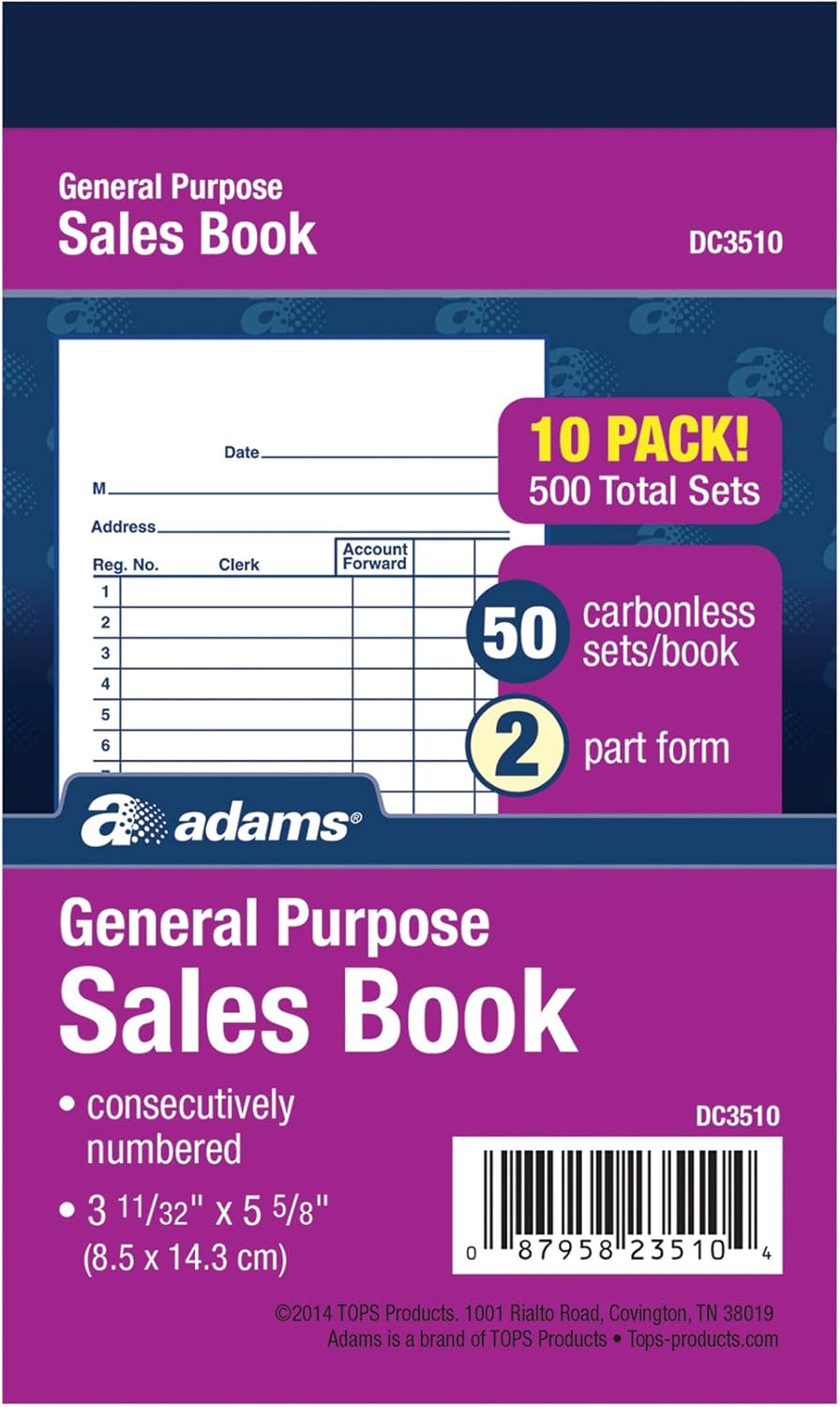 Adams General Purpose Sales Book, 2-Part, Carbonless, White/Canary, 3-11/32" x 5-5/8", 50 Sets per Book, 10 Pack (DC3510) : Blank Receipt Forms : Office Products