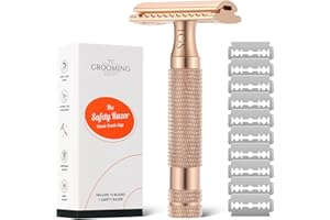 THE GROOMING SOCIETY Double Edge Safety Razor with Thick Short Handle for Men Women, Single Blade Razor with 10 Razor Blades, Portable Travel Size, Smooth Closed Shave, Reusable Razor（Gold）