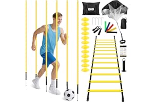 GHB Soccer Agility Training Equipment, 6 Agility Poles, 20ft Speed Ladder, 12 Disc Cones, Resistance Parachute, Jump Rope, 5 Resistance Bands, Soccer Training Poles for Speed Agility Training
