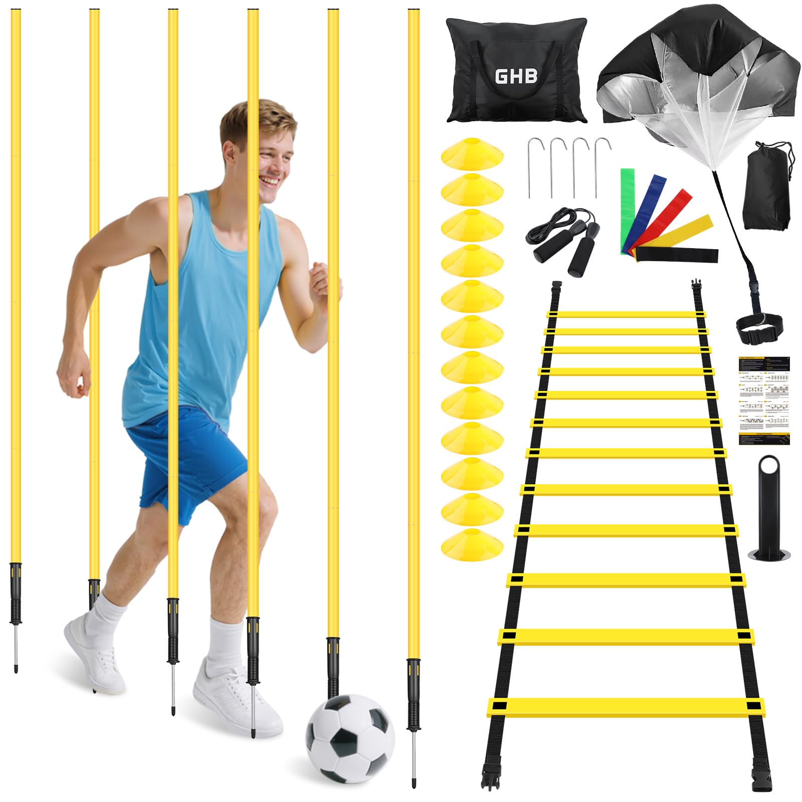 Photo 1 of GHB Speed Agility Training Equipment, 6 Agility Poles, 20ft Agility Ladder, 12 Disc Cones, Resistance Parachute, Jump Rope, 4 Resistance Bands, Soccer Training Poles for Speed Agility Training
