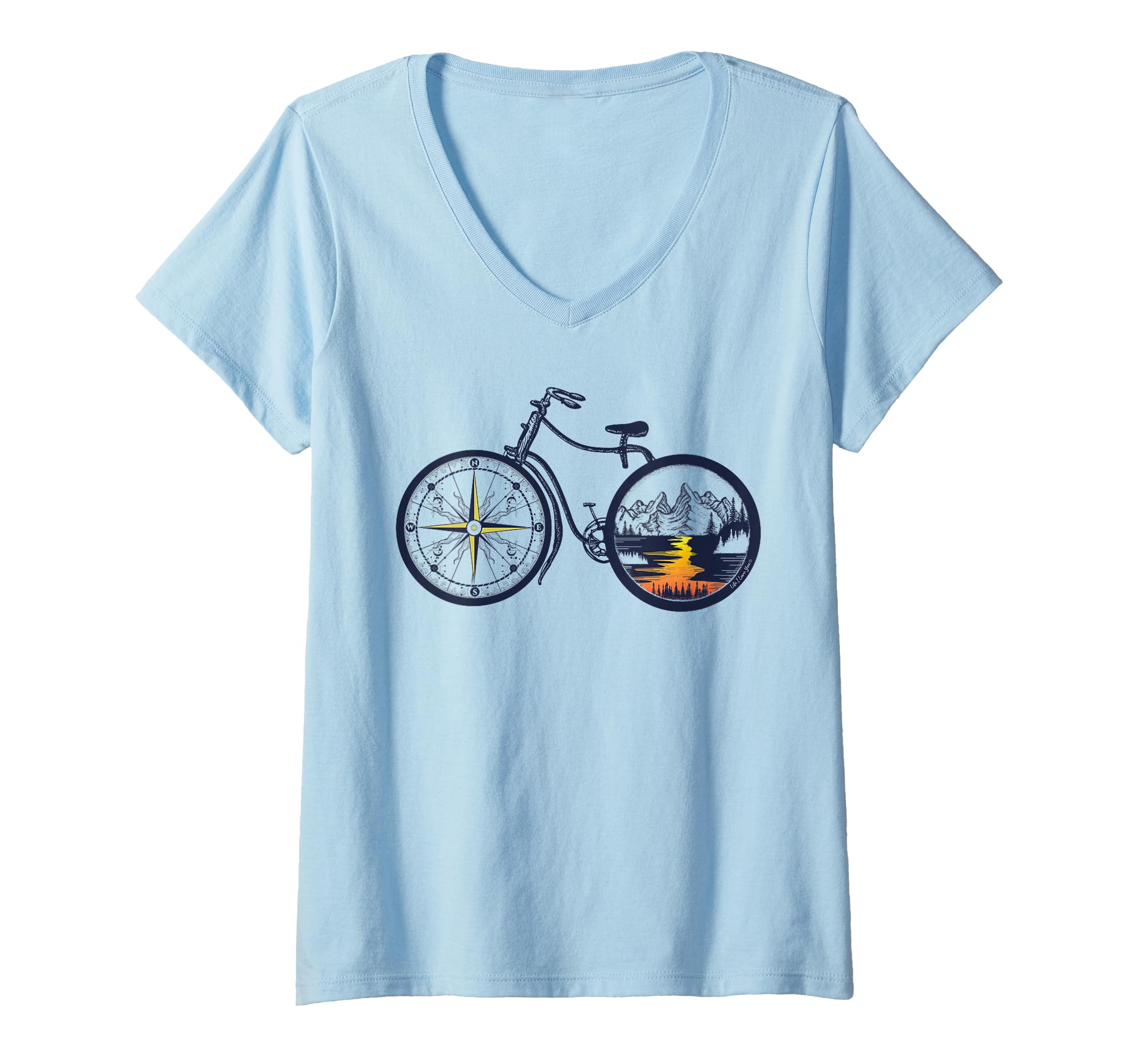Womens Retro Bicycle with Compass and Mountains - Cycling V-Neck T-Shirt