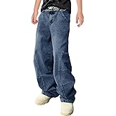 Haloumoning Boys Cargo Jeans Kids High Waisted Baggy Pants Casual Demin Pants with Multi Pockets 5-14 Years