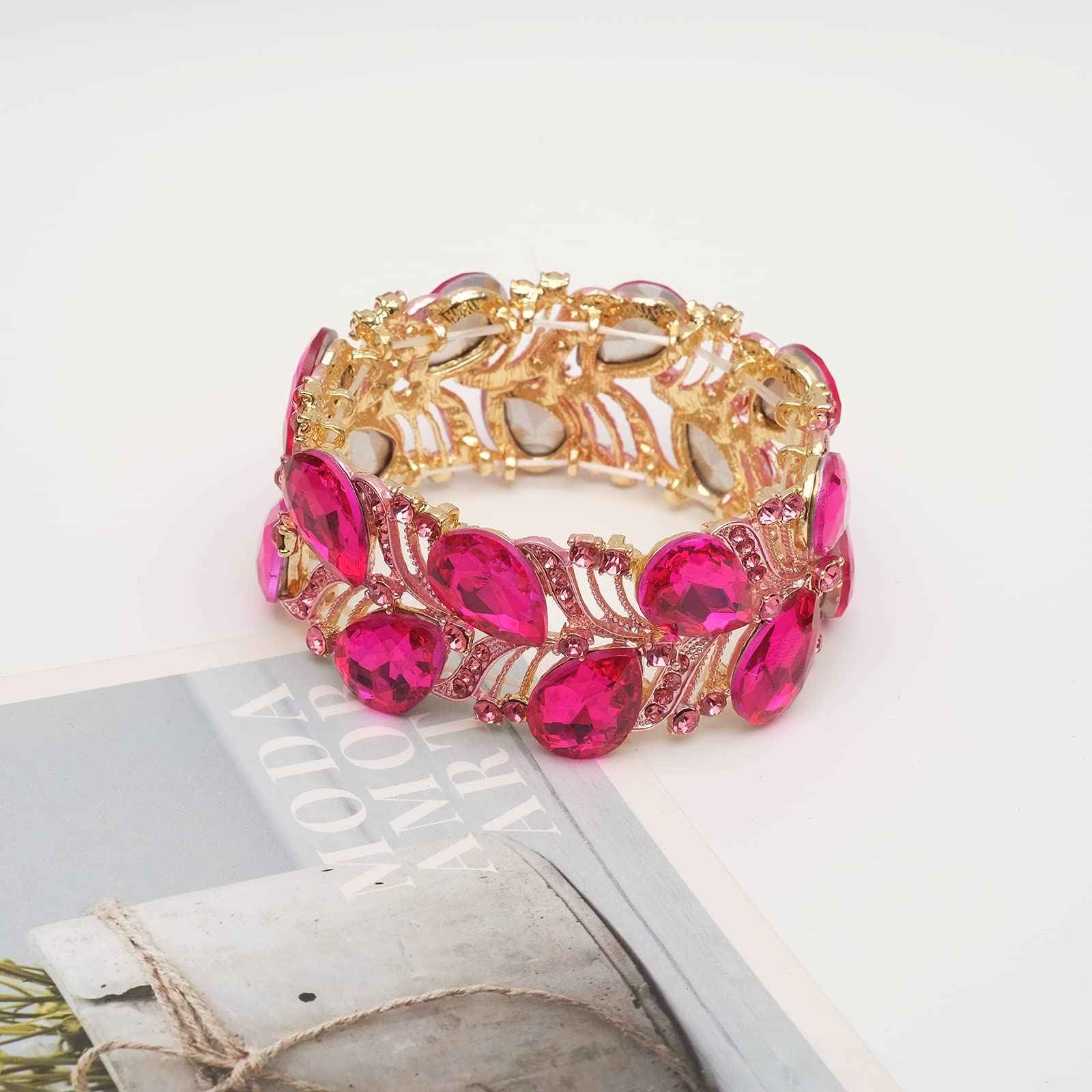 CSY Elegant Stretch Bangle Bracelets Bridal Art Deco Teardrop Crystal Elastic Wide Statement Bracelet for Women Party Prom