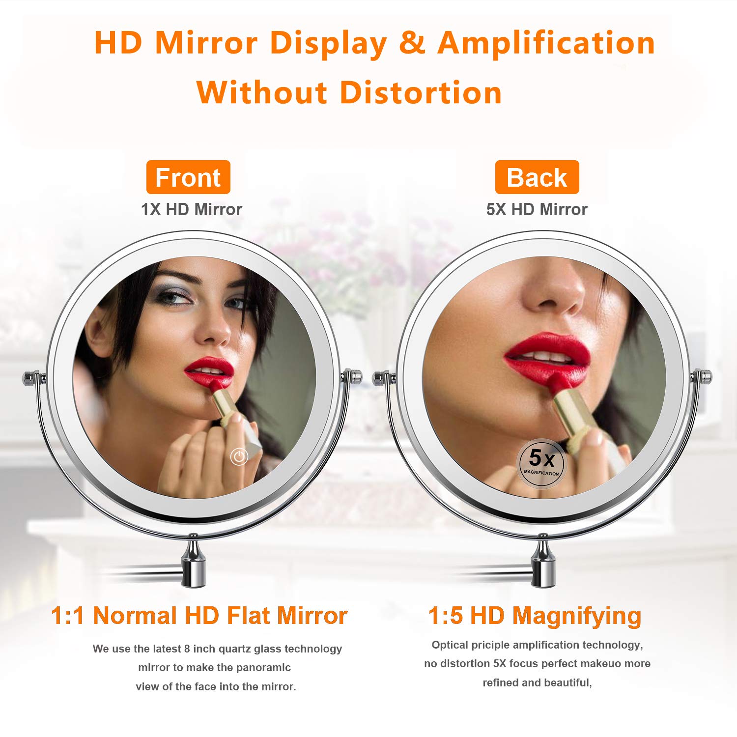 ZEPHBRA 8" LED Wall Mounted Makeup Mirror Touch Screen Adjustable Light Double Sided 1X/5X Magnifying Vanity Mirror Swivel Extendable for Bathroom Hotels Powered by Batteries (Not Included) (Silver): Beauty