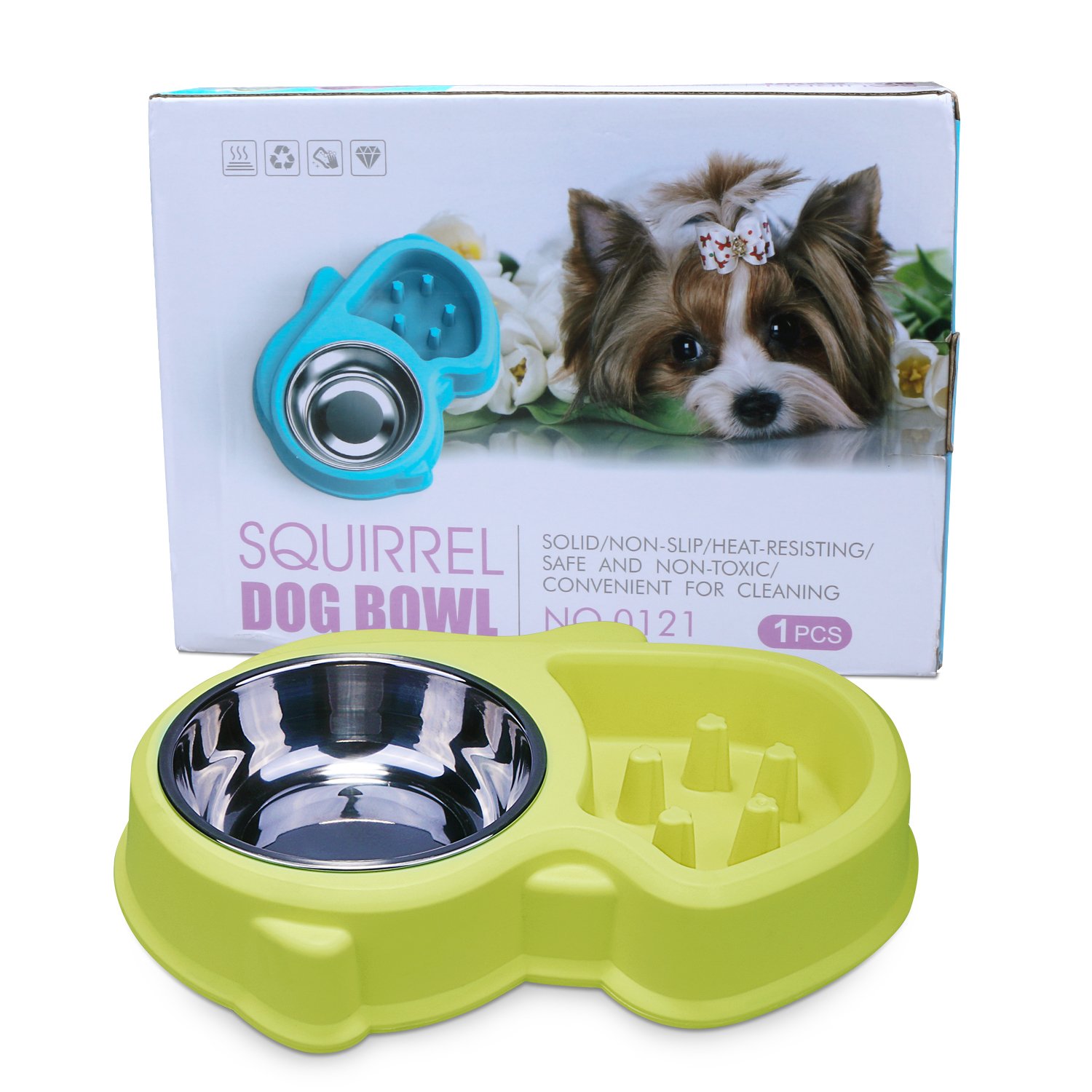 Dog Slow Feeder Bowl with Stainless Steel Water Bowl, Two in One Anti-Skid Healthy Pet Eating Bowl for Interavtive Training Anti Choke by XUANR- Blue/Green