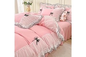 IHOUSTRIY Pink Duvet Cover Full Size, Ruffle Beddding Set with Bowtie, 3 Pieces Comforter Cover Set with Zipper Closure, Girl Bedding with Pillowcase - Light Pink, Full, Comforter Not Included