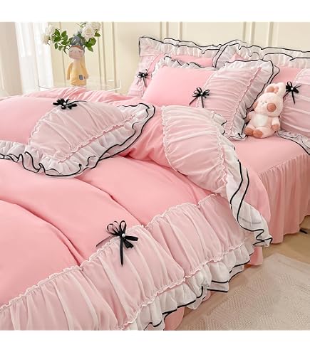 Queen Size Pink Bow Duvet Cover Set - Microfiber Bedding With Chiffon Lace & Hollow Bows, Includes 1 Duvet Cover & 2 Pillow Shams