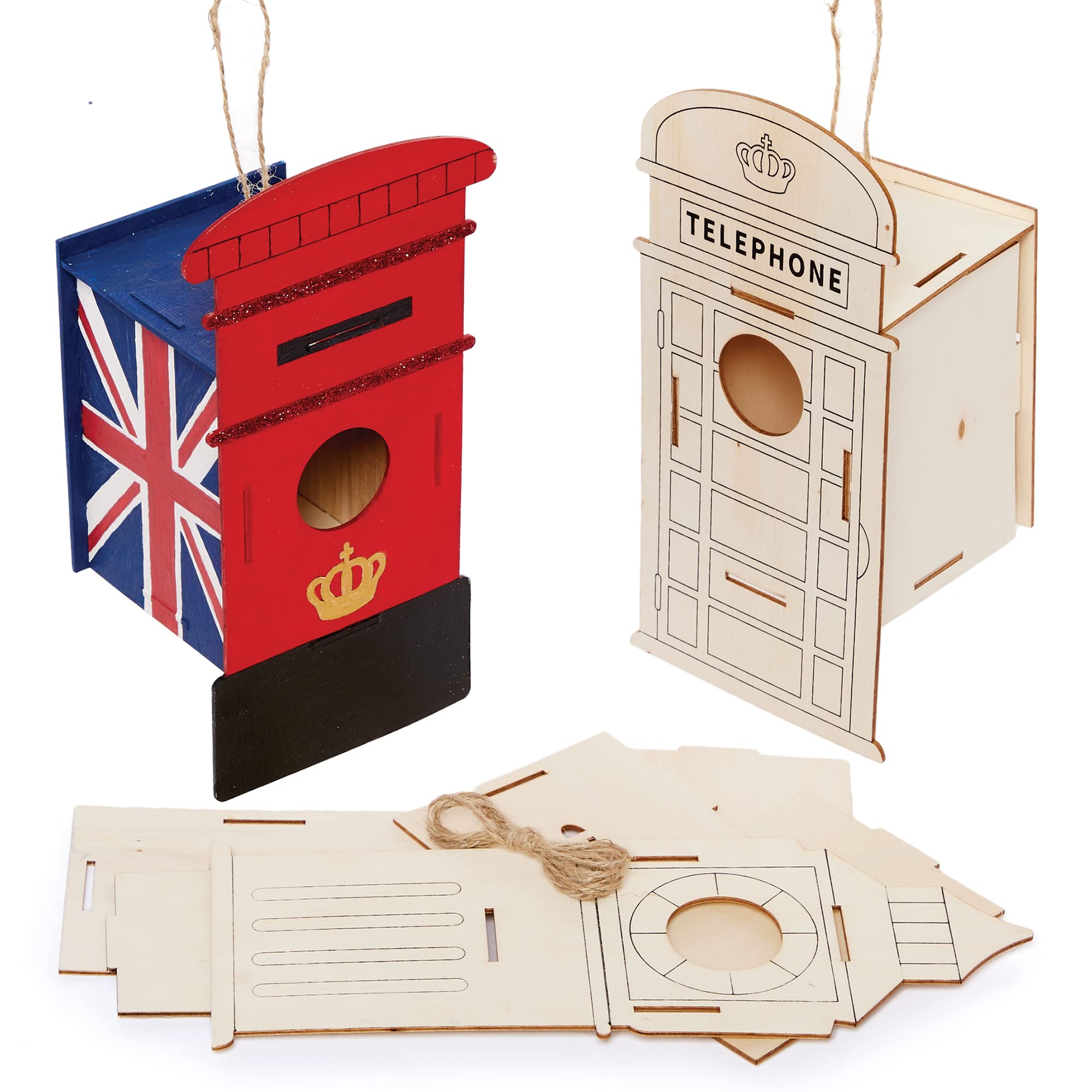 Baker Ross PJ158 Make Your Own Birdhouse Wooden Craft Kit for Kids - Pack of 3, London Icons Big Ben, Telephone and Post Box, British Crafts for Kids