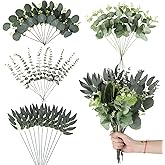 100 Pcs Eucalyptus Leaves Stems, 4 Kinds Mixed Artificial Greenery Stems, Fake Silver Dollar Eucalyptus Leaves, Faux Greenery Branches for Home Decor, DIY Bouquets, Floral Arrangement, Wedding