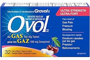 Ovol Extra Strength, Cherry Flavour Chewable Tablets, Gas Pain, Pressure, and Bloating Relief, 180mg, 32 Count