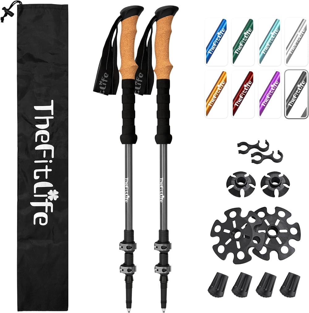 TheFitLife Trekking Poles 7075 Aluminum Cork Grips Telescopic 24-53 in
