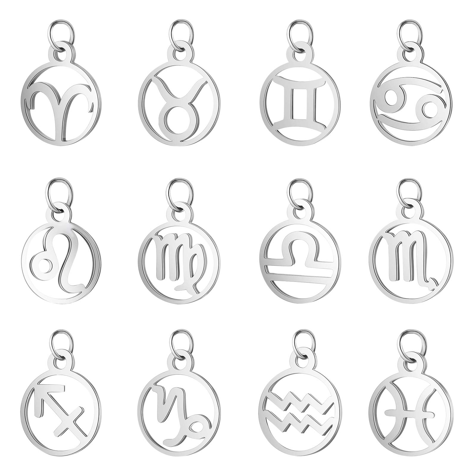 UNICRAFTALE about 24pcs Stainless Steel Zodiac Sign Pendants Hollow 12 Constellations Charm 2.5mm Hole Flat Round with Constellation Pendant for DIY Necklace Making Stainless Steel Color