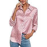 Floerns Women's Elegant Jacquard Long Sleeve Satin Button Down Shirt Blouse
