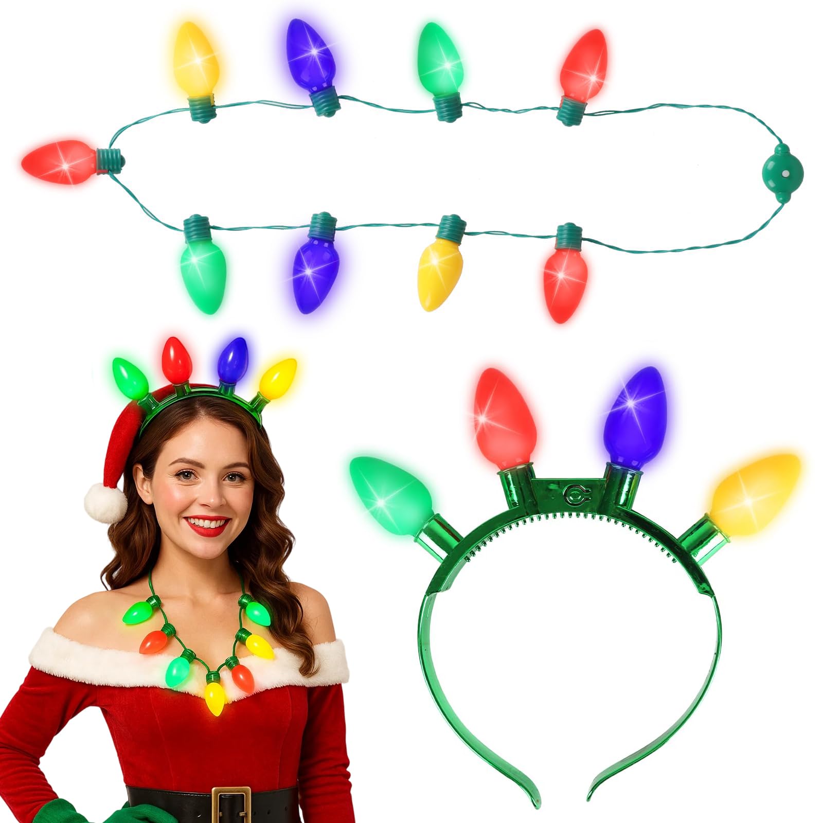 Christmas Headband, 2 PCS Xmas Accessories with Luminous Headband and Luminous Necklace, Christmas Necklace for Kids Adults, Xmas Headbands for Halloween Xmas New Year Party Supplies