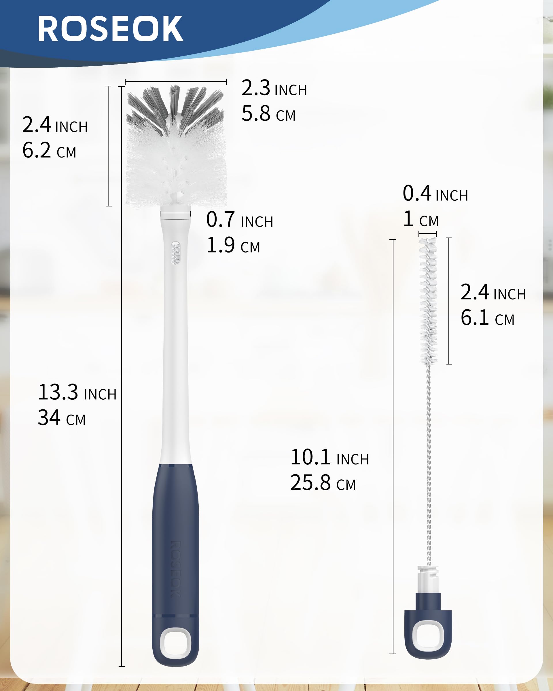 2 in 1 Long Handle Bottle Brush with Straw Brush for Cleaning Glass, Sports Bottle, Coffee Mug,Navy Blue,1 Pack