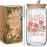 Christian Inspirational 16oz Glass Cups with Lids and Straws Christmas Gifts for Women Best Friend - The Lord is Greater Than The Giants You Face Bible Verse, Religious Gifts For Mom Wife Girlfriend
