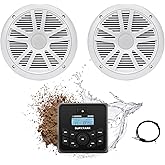 Marine Audio System with Marine Speakers and Gauge Receiver Package, IPX6 Weatherproof Bluetooth Audio Receiver and AM FM Radio Receiver, USB, MP3, Aux Input, 2 x 6.5 Inch Boat Speakers