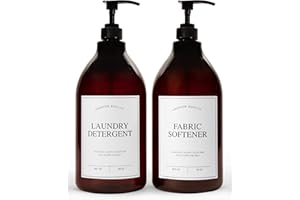 Calindiana Modern Farmhouse Liquid Laundry Detergent and Fabric Softener Dispenser for Laundry Room Decor and Organization, PET Plastic Landry Soap Containers with Water Resistant Labels, Amber 64oz