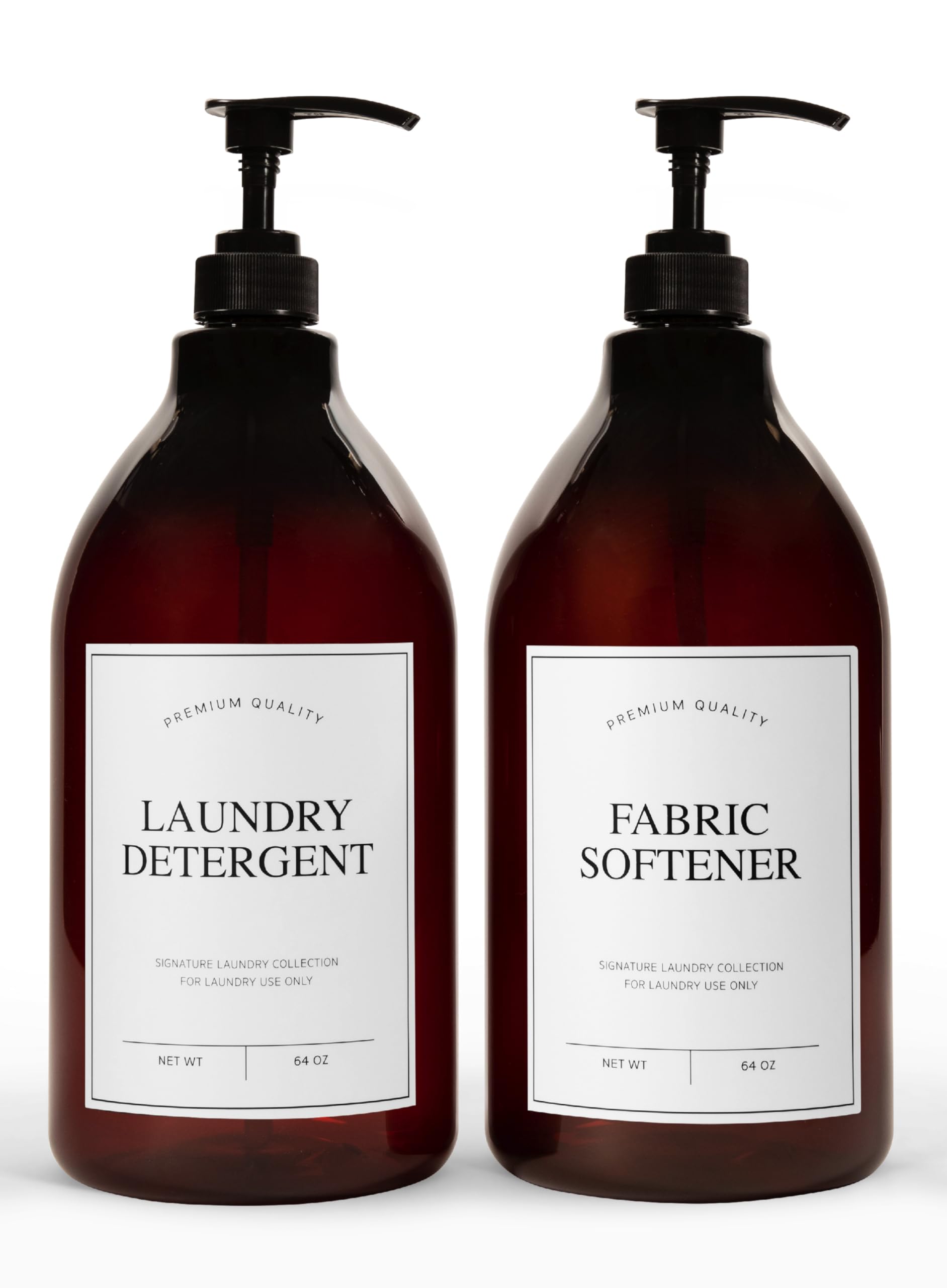 Photo 1 of Calindiana Modern Farmhouse Liquid Laundry Detergent and Fabric Softener Dispenser for Laundry Room Decor and Organization, PET Plastic Landry Soap Containers with Water Resistant Labels, Amber 64oz