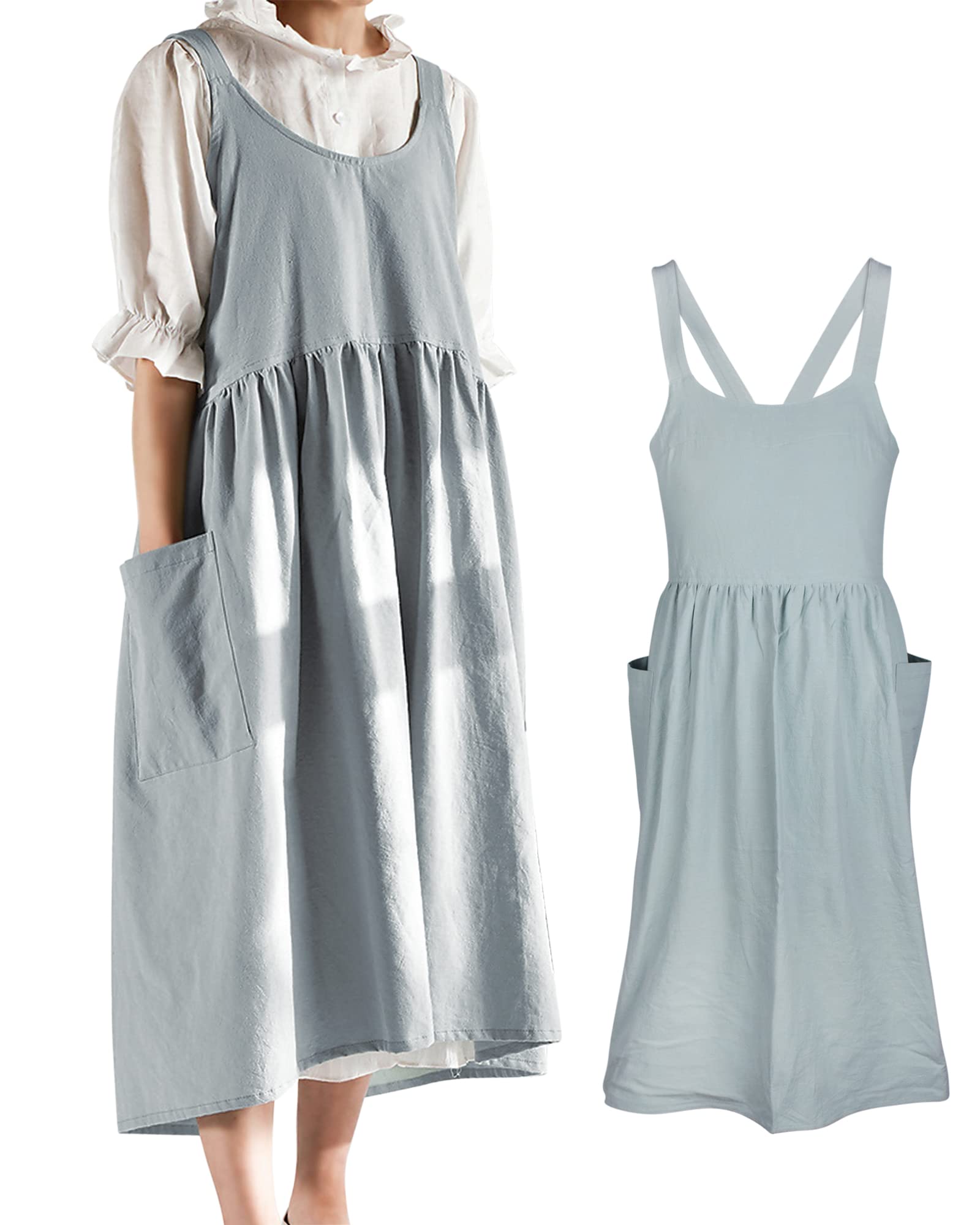 Small snail Women Apron Japanese Style X Shape Cotton Aprons Halter Cross Back Bandage with Big Pockets Solid Color Literature Art Casual Bib for Cooking Chef Cafe Flower Shop Green